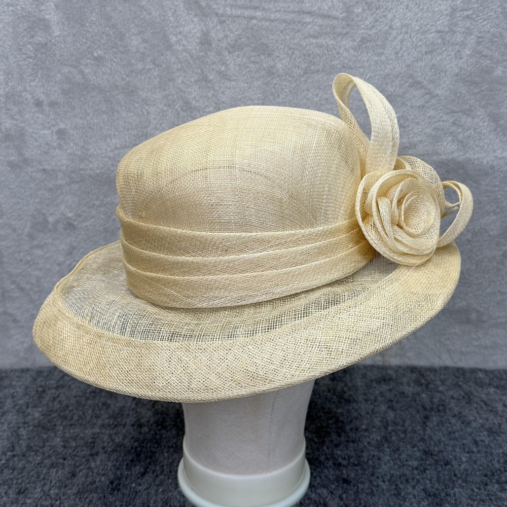 VTG Hat Sun Womens Cream Burlap Pleated Bow Wide Brim Derby Church Wedding - Picture 4 of 8